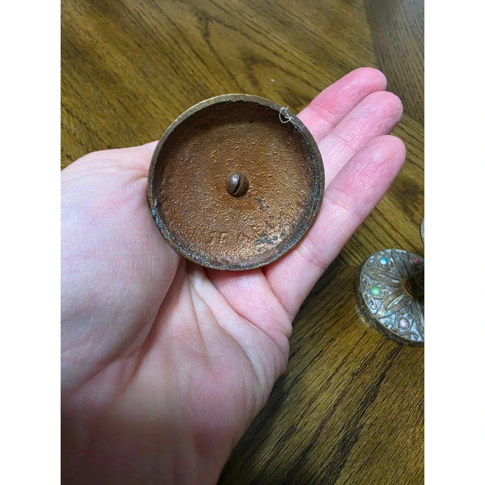 Vintage Brass Candlestick Holders Set of 2 Ornate Enamel Detail Weathered Patina